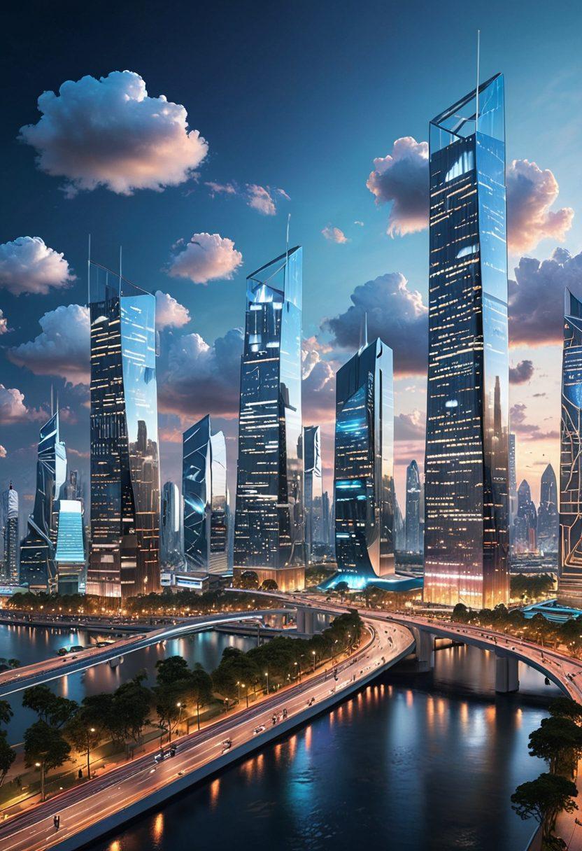 A futuristic city skyline with cloud-shaped structures above, symbolizing cloud applications, interspersed with diverse users accessing technology seamlessly. Include transparent screens displaying user-centric designs and interaction, with vibrant colors indicating innovation and connectivity. The scene should evoke a sense of progression and harmony between users and technology. super-realistic. vibrant colors. 3D.