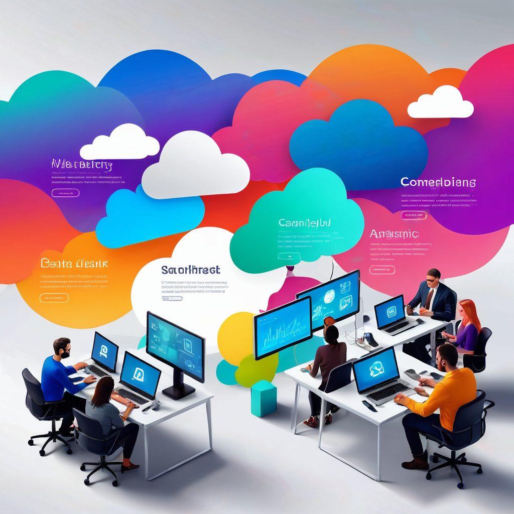 A modern digital workspace showcasing diverse professionals collaboratively using various SaaS applications on sleek devices. The background features abstract cloud patterns symbolizing connectivity and innovation. Emphasize vibrant colors and engaging user interfaces displayed on screens. Include elements like graphs or analytics to represent improved efficiency. super-realistic. vibrant colors. white background.