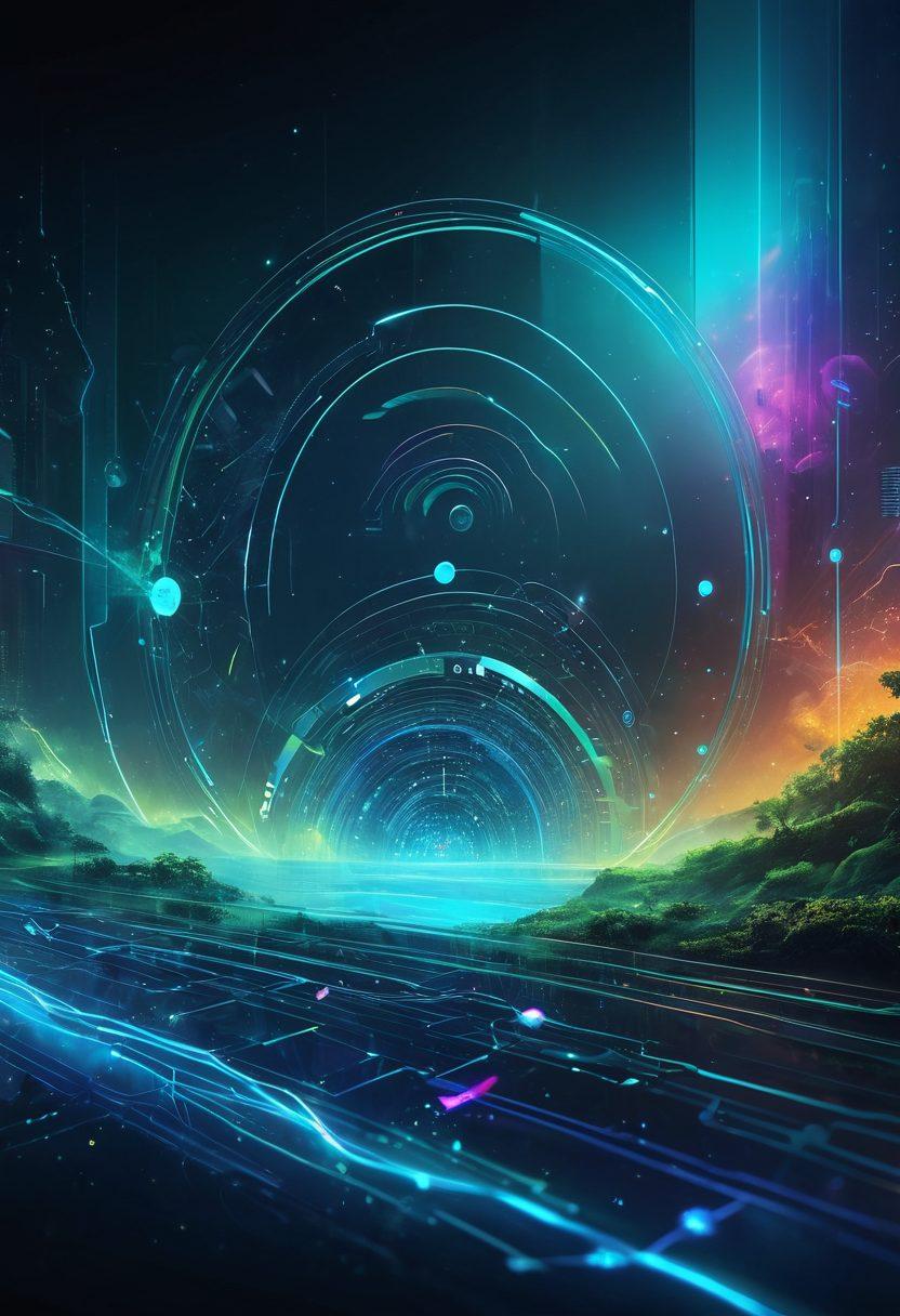 An abstract representation of a futuristic interface showcasing web applications and SaaS solutions, featuring dynamic user interactions and vibrant data flows. Include elements of technology such as cloud symbols, holographic screens, and connected devices. The background should be a blend of blue and green hues to symbolize innovation and growth. super-realistic. vibrant colors. digital art.